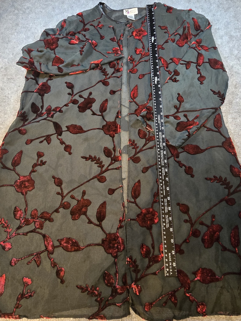 Vintage Maggie Sweet 1X Black Burgundy Velvet Burnout Floral Sheer Tunic Jacket